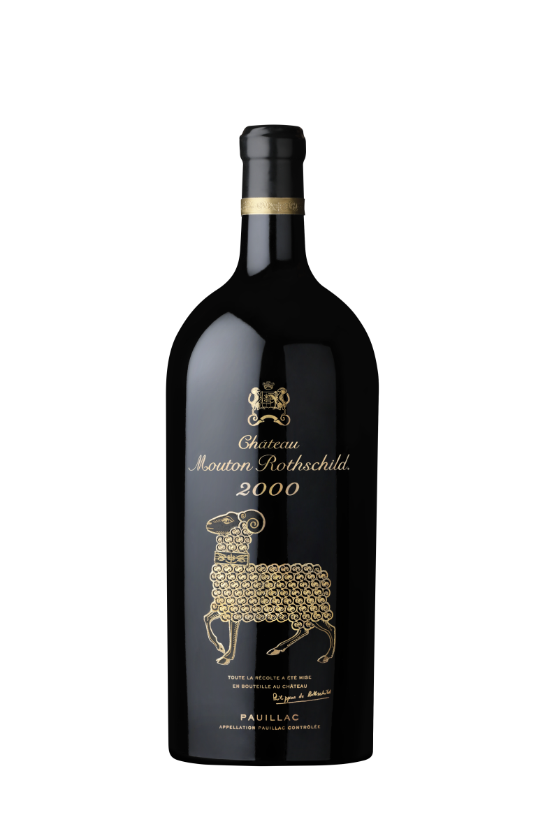 Philippe de Rothschild báró egy palack (ötliteres), 2000-es évjáratú Château Mouton Rothschild Jeroboam bort ajánlott fel a birtok pincészetéből