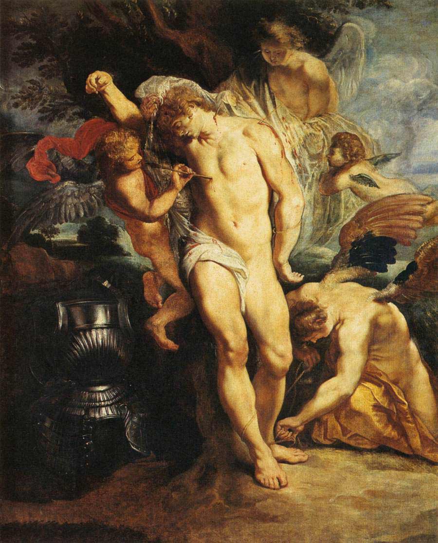 Peter Paul Rubens: Saint Sebastian Tended By Two Angels (Szent Sebestyént két angyal támogatja) olaj, vászon, 124 x 97.8 cm (forrás: Wikimédia)